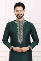 Raivat Ethnic Art Banarasi Silk Thread Work Kurta Pajama In Green Colour | Grocsy