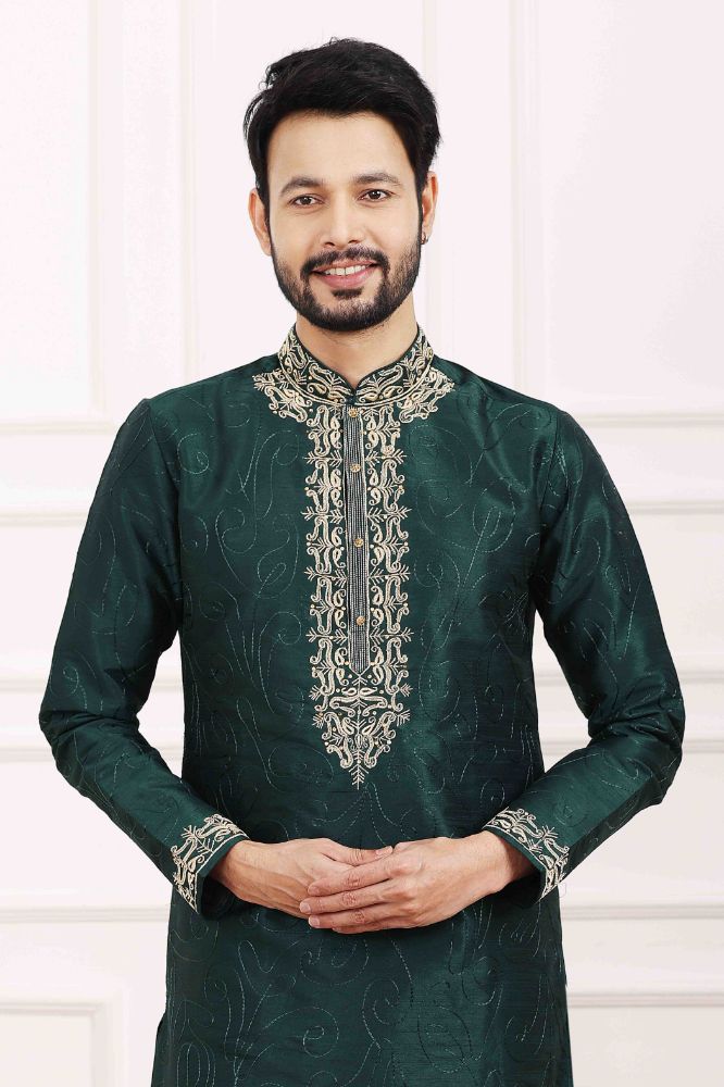 Raivat Ethnic Art Banarasi Silk Thread Work Kurta Pajama In Green Colour | Grocsy