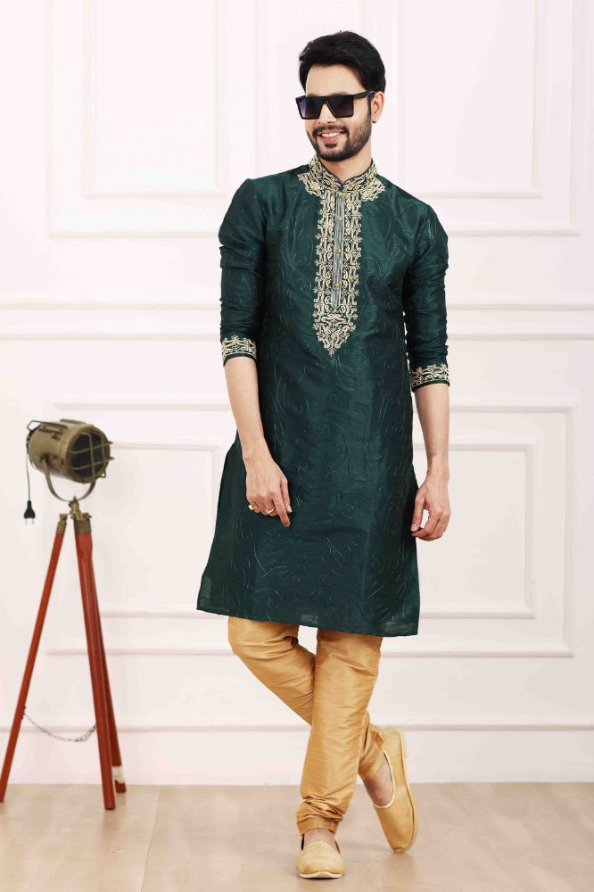 Raivat Ethnic Art Banarasi Silk Thread Work Kurta Pajama In Green Colour | Grocsy