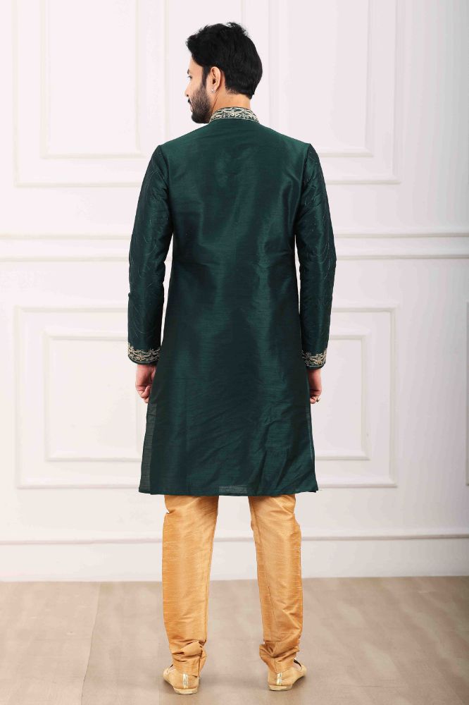 Raivat Ethnic Art Banarasi Silk Thread Work Kurta Pajama In Green Colour | Grocsy
