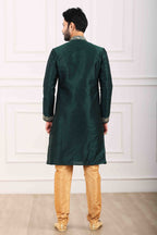 Raivat Ethnic Art Banarasi Silk Thread Work Kurta Pajama In Green Colour | Grocsy