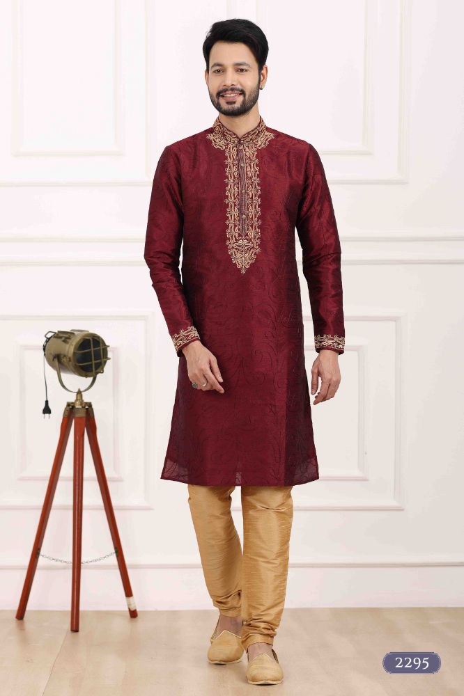 Raivat Ethnic Art Banarasi Silk Thread Work Kurta Pajama In Wine Colour | Grocsy