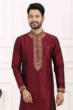 Raivat Ethnic Art Banarasi Silk Thread Work Kurta Pajama In Wine Colour | Grocsy