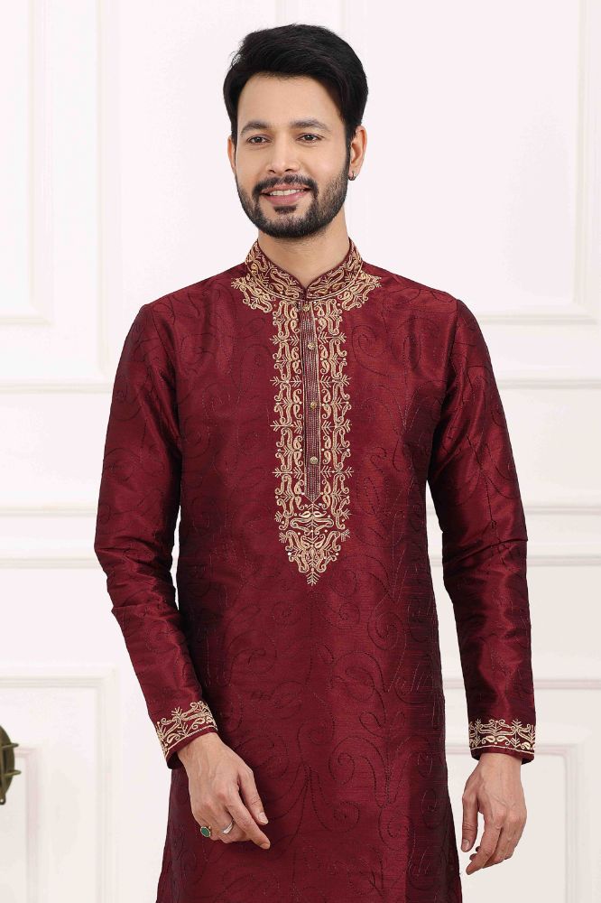 Raivat Ethnic Art Banarasi Silk Thread Work Kurta Pajama In Wine Colour | Grocsy