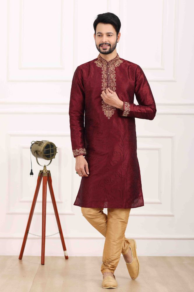 Raivat Ethnic Art Banarasi Silk Thread Work Kurta Pajama In Wine Colour | Grocsy