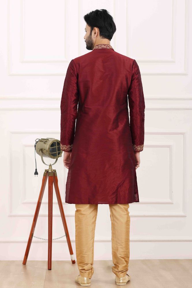 Raivat Ethnic Art Banarasi Silk Thread Work Kurta Pajama In Wine Colour | Grocsy