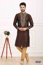 Raivat Ethnic Art Banarasi Silk Thread Work Kurta Pajama In Brown Colour | Grocsy
