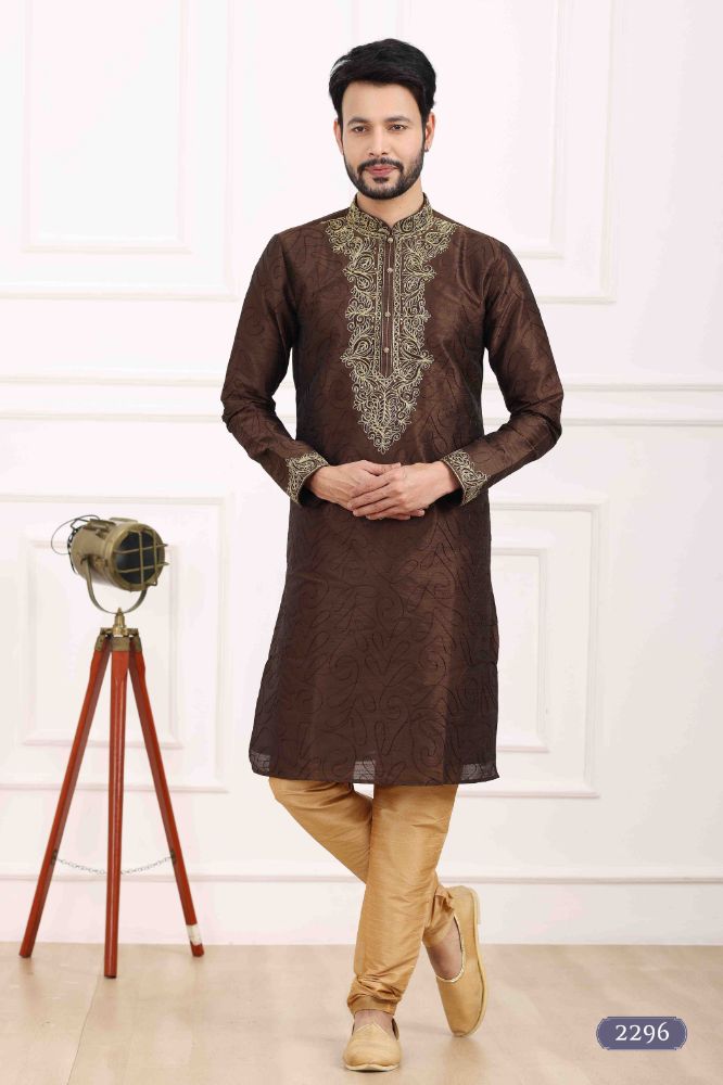 Raivat Ethnic Art Banarasi Silk Thread Work Kurta Pajama In Brown Colour | Grocsy