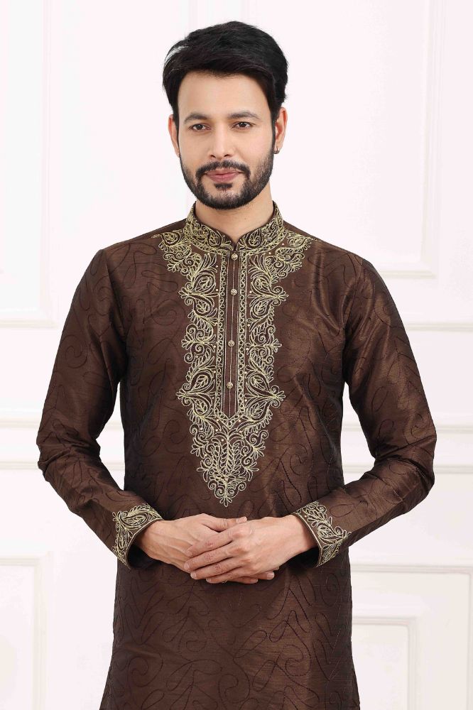 Raivat Ethnic Art Banarasi Silk Thread Work Kurta Pajama In Brown Colour | Grocsy