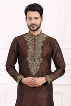 Raivat Ethnic Art Banarasi Silk Thread Work Kurta Pajama In Brown Colour | Grocsy
