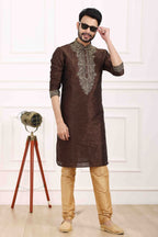 Raivat Ethnic Art Banarasi Silk Thread Work Kurta Pajama In Brown Colour | Grocsy
