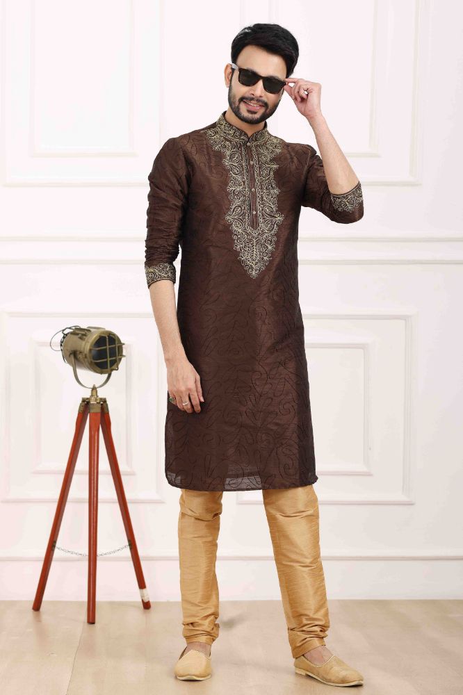 Raivat Ethnic Art Banarasi Silk Thread Work Kurta Pajama In Brown Colour | Grocsy