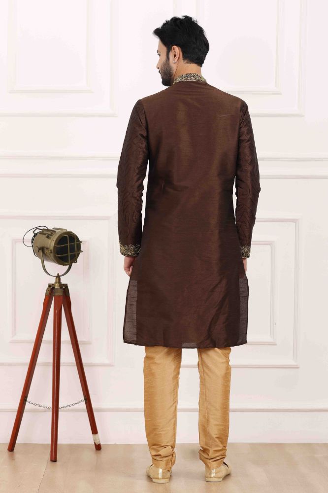 Raivat Ethnic Art Banarasi Silk Thread Work Kurta Pajama In Brown Colour | Grocsy