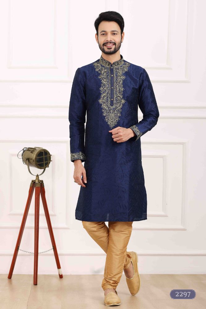 Raivat Ethnic Art Banarasi Silk Thread Work Kurta Pajama In Navy Blue Colour | Grocsy