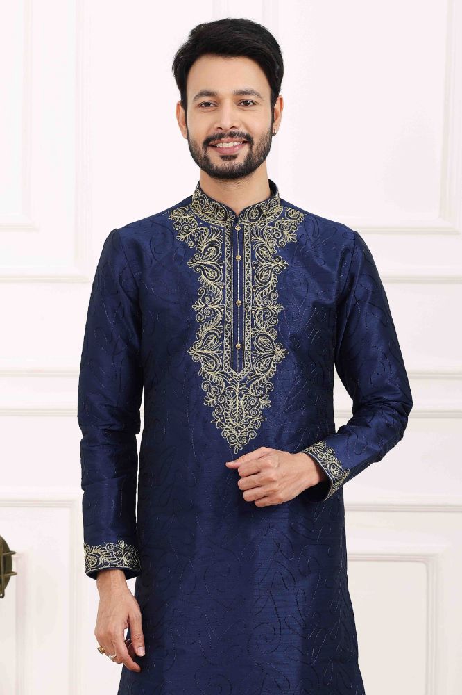 Raivat Ethnic Art Banarasi Silk Thread Work Kurta Pajama In Navy Blue Colour | Grocsy