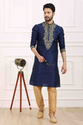 Raivat Ethnic Art Banarasi Silk Thread Work Kurta Pajama In Navy Blue Colour | Grocsy