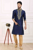 Raivat Ethnic Art Banarasi Silk Thread Work Kurta Pajama In Navy Blue Colour | Grocsy