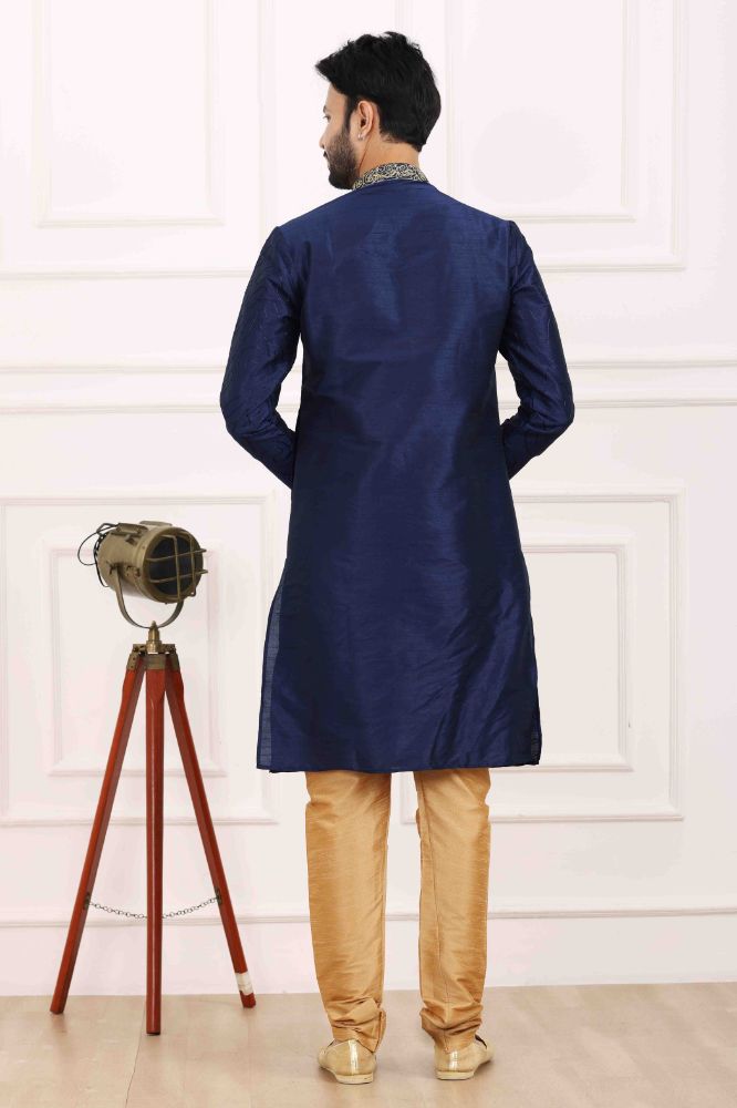 Raivat Ethnic Art Banarasi Silk Thread Work Kurta Pajama In Navy Blue Colour | Grocsy