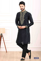 Raivat Ethnic Art Banarasi Silk Thread Work Kurta Pajama In Black Colour | Grocsy