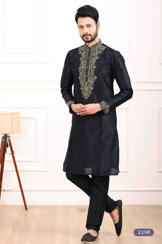 Raivat Ethnic Art Banarasi Silk Thread Work Kurta Pajama In Black Colour | Grocsy