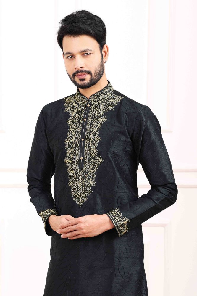 Raivat Ethnic Art Banarasi Silk Thread Work Kurta Pajama In Black Colour | Grocsy