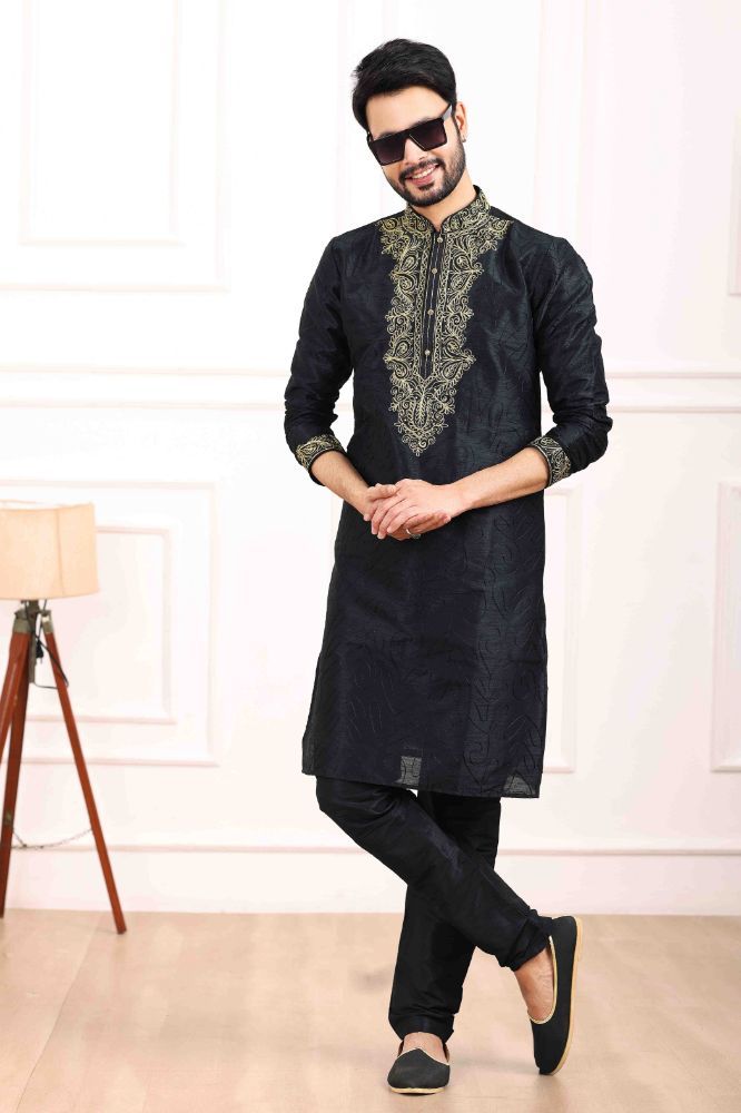 Raivat Ethnic Art Banarasi Silk Thread Work Kurta Pajama In Black Colour | Grocsy