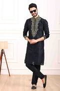 Raivat Ethnic Art Banarasi Silk Thread Work Kurta Pajama In Black Colour | Grocsy