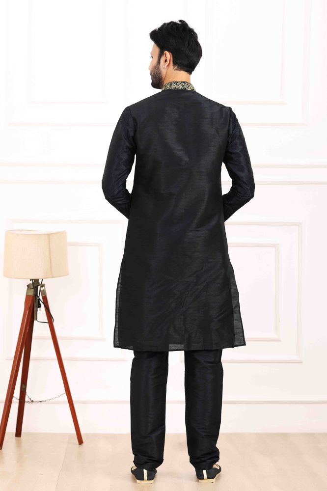Raivat Ethnic Art Banarasi Silk Thread Work Kurta Pajama In Black Colour | Grocsy