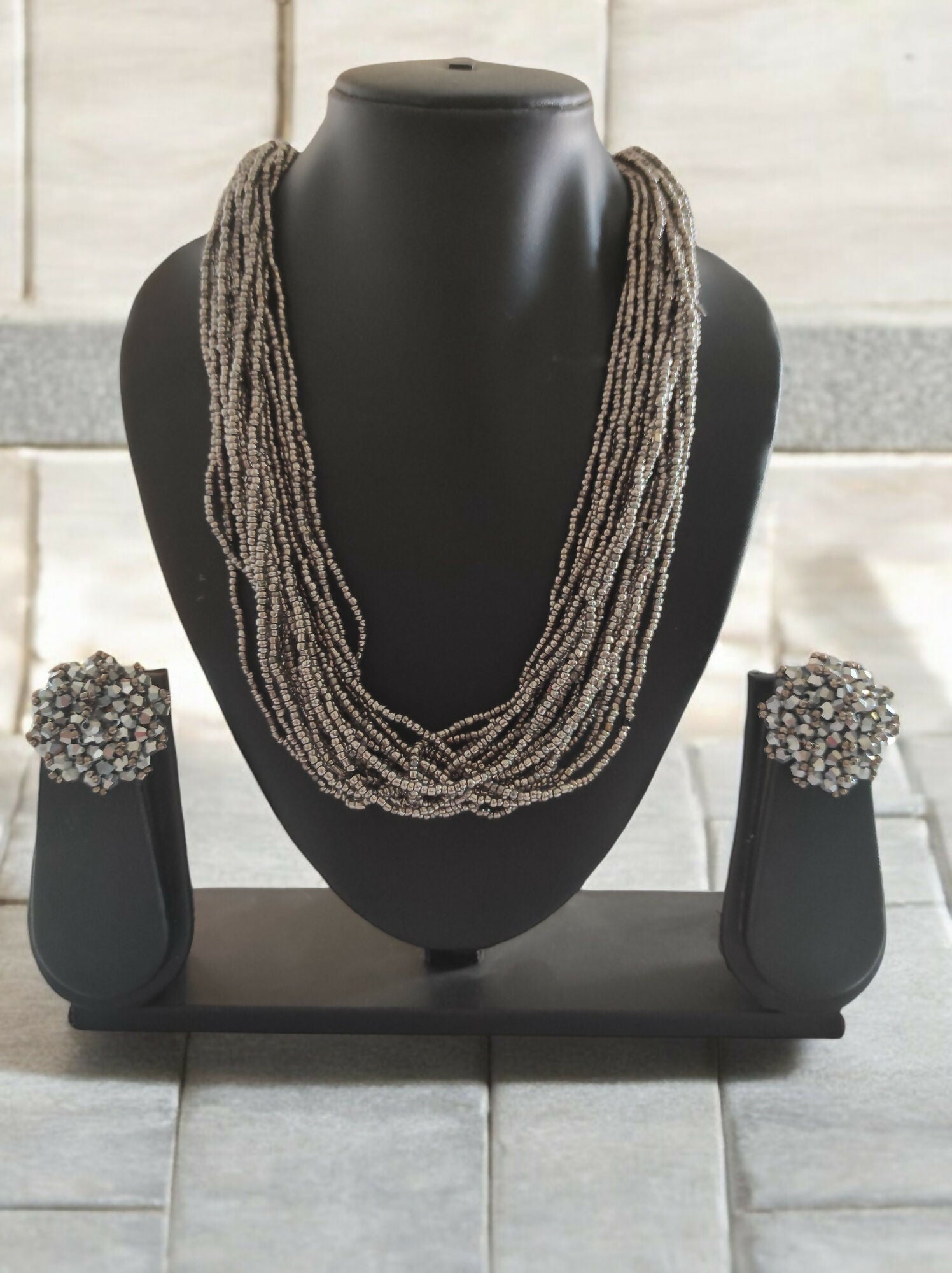 Inhanns Vibrant Handmade 20 Layers Beaded Necklace With Matching Earrings - Gray | Grocsy