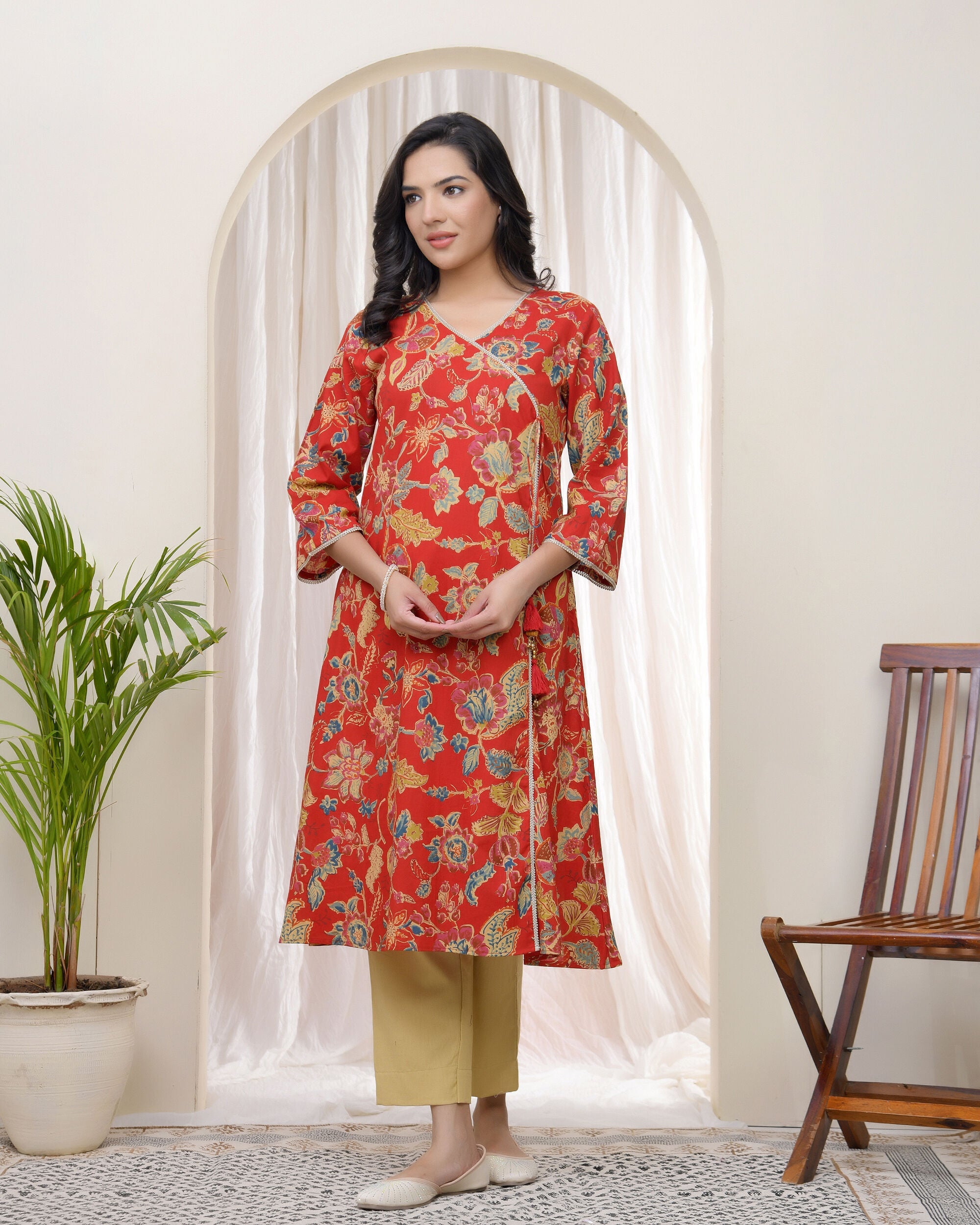 Vaasva Women Red Cotton Angrakha Kurta | Grocsy