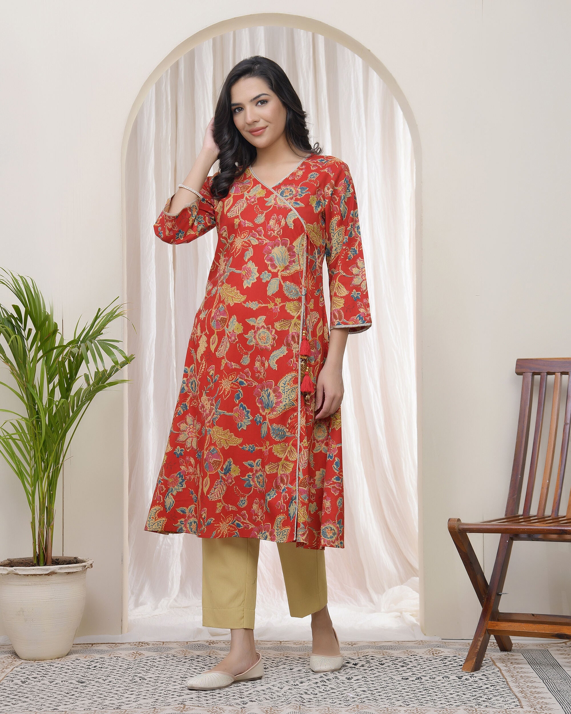 Vaasva Women Red Cotton Angrakha Kurta | Grocsy