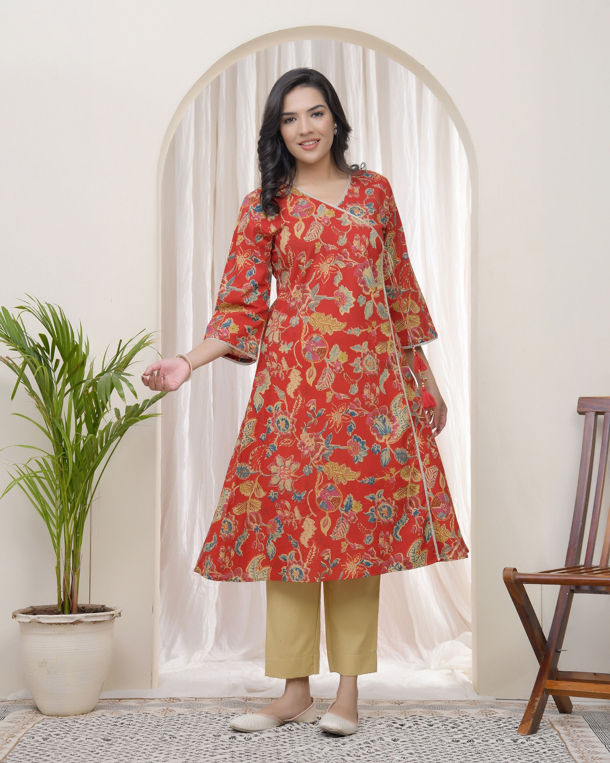 Vaasva Women Red Cotton Angrakha Kurta | Grocsy