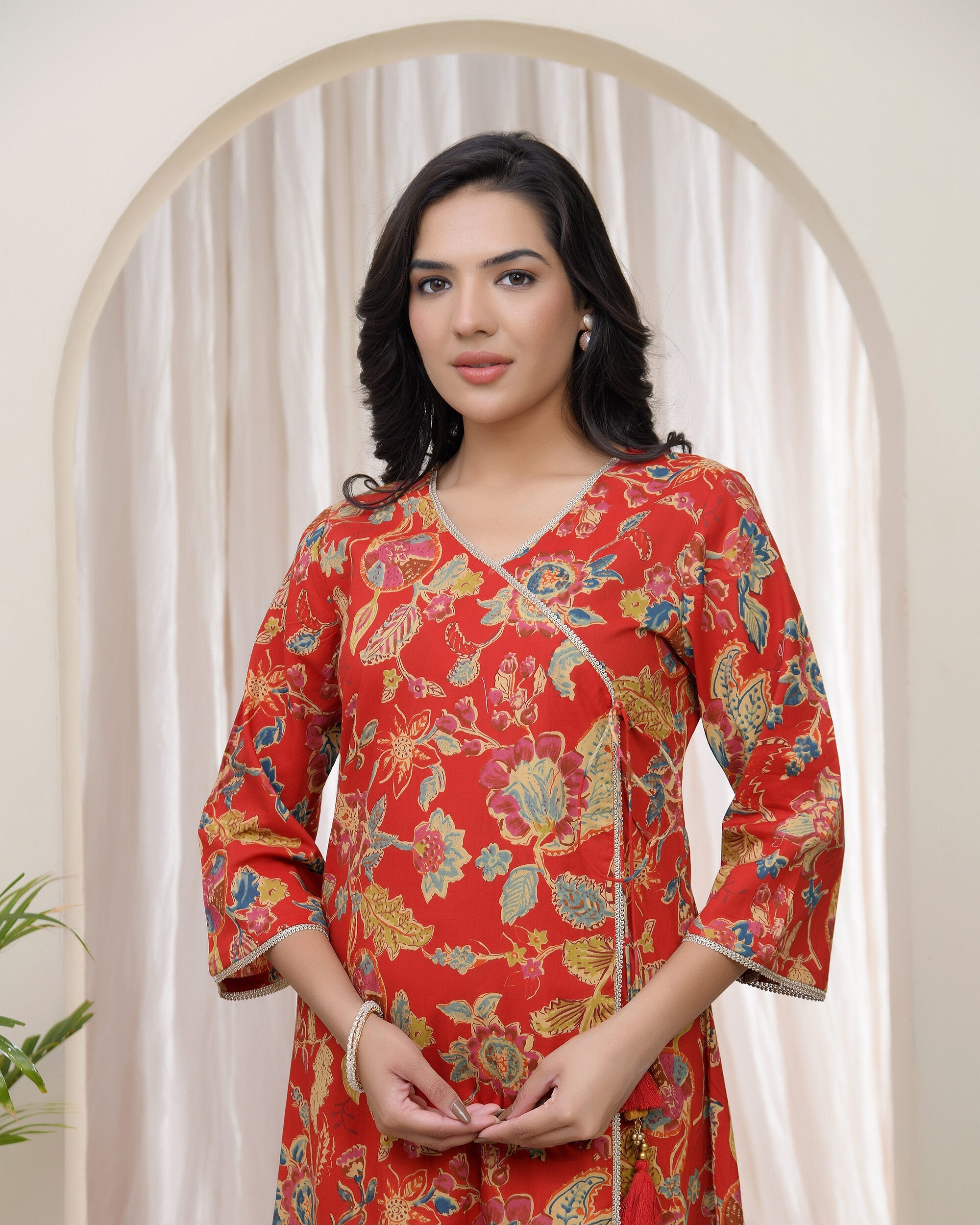 Vaasva Women Red Cotton Angrakha Kurta | Grocsy