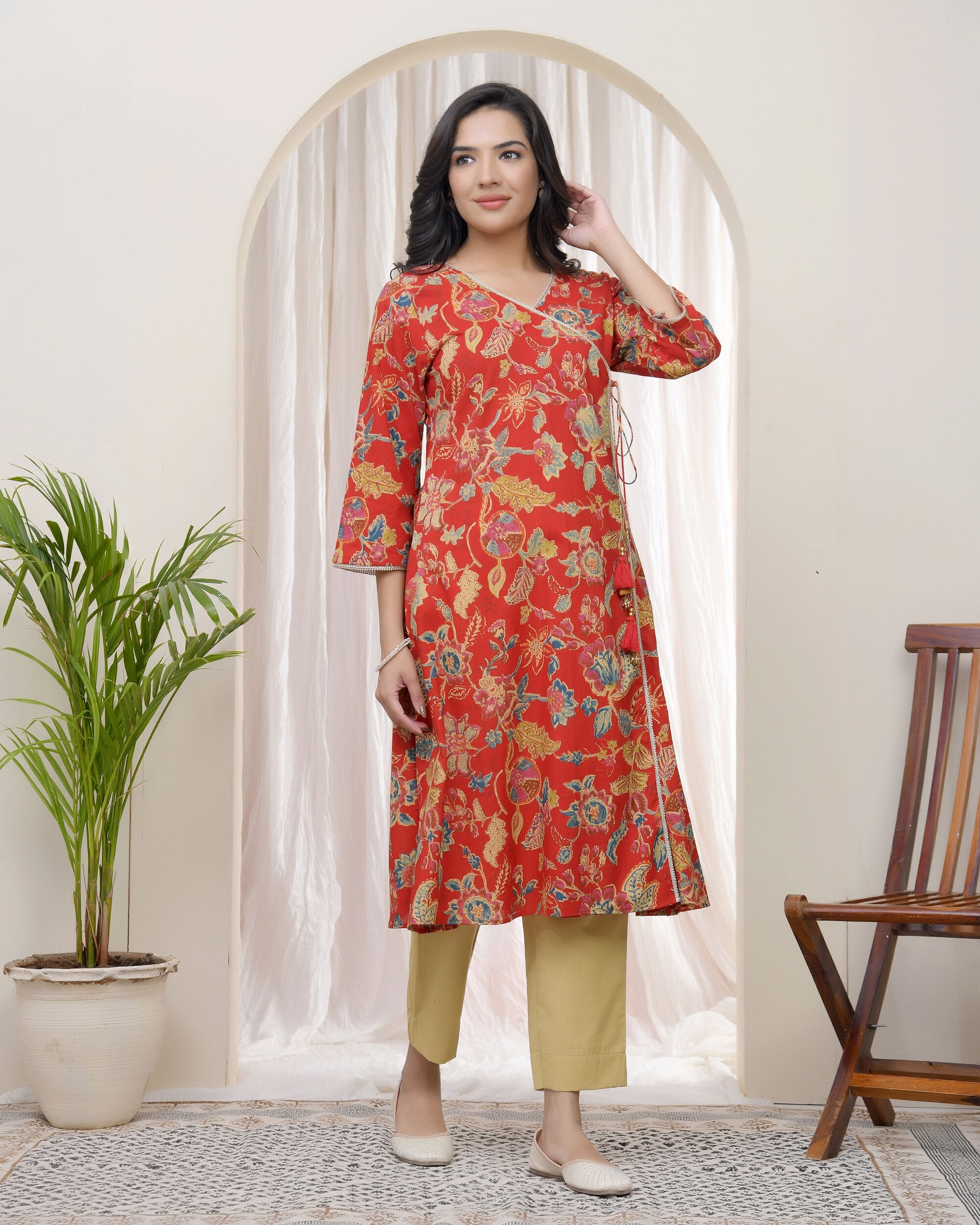 Vaasva Women Red Cotton Angrakha Kurta | Grocsy