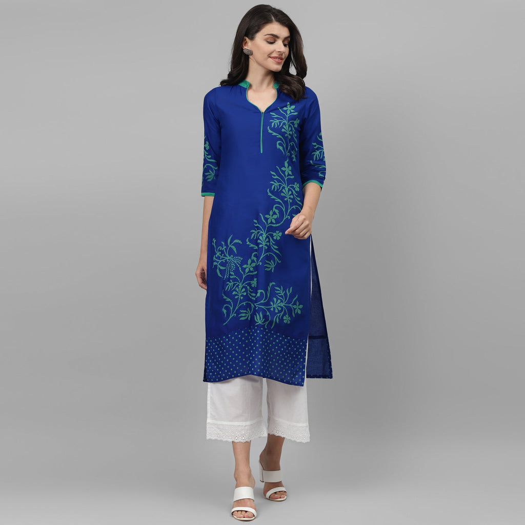 Maai Rayon Hand Printed Kurta Blue | Grocsy