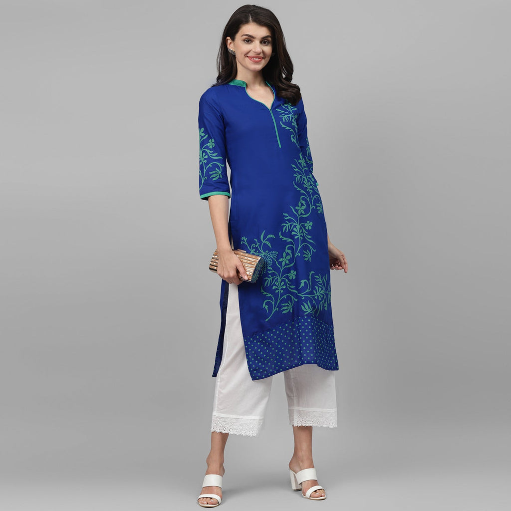 Maai Rayon Hand Printed Kurta Blue | Grocsy