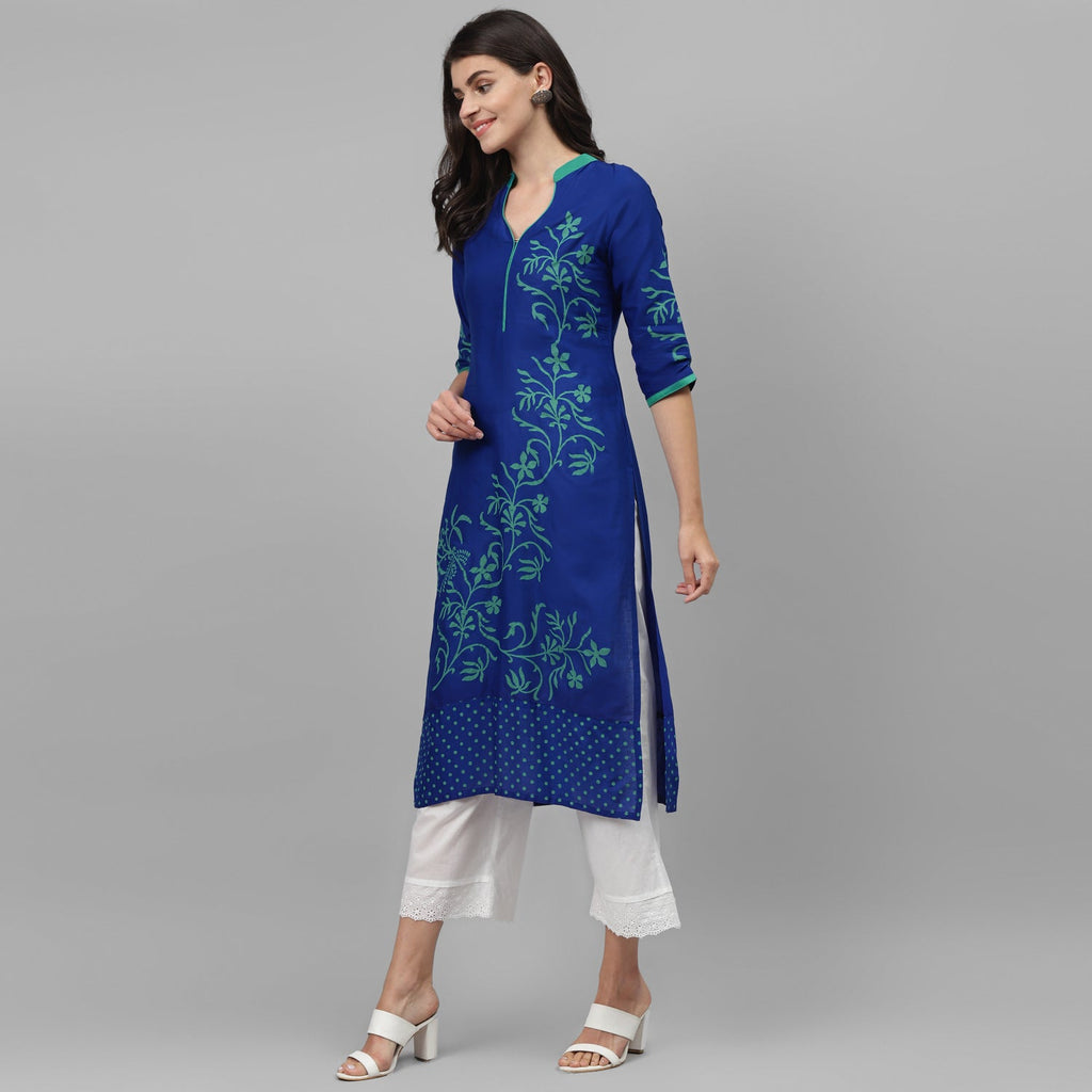 Maai Rayon Hand Printed Kurta Blue | Grocsy