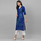 Maai Rayon Hand Printed Kurta Blue | Grocsy