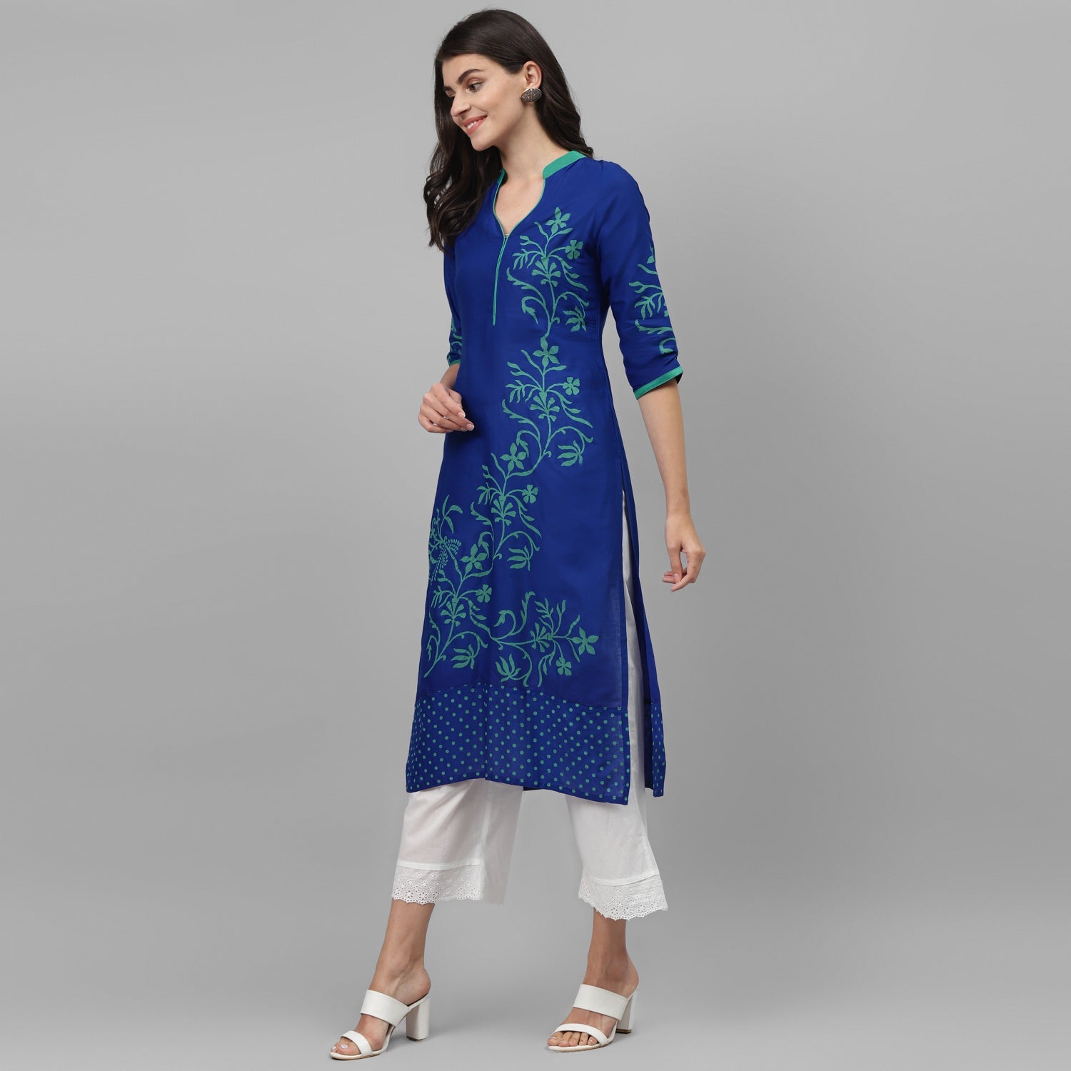 Maai Rayon Hand Printed Kurta Blue | Grocsy