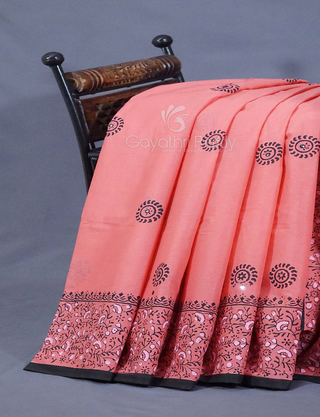 Peach Colour Block Print With Mirron Embroidered Pure Mulmul Cotton Saree By Gayathri Reddy Designer Studio | Grocsy