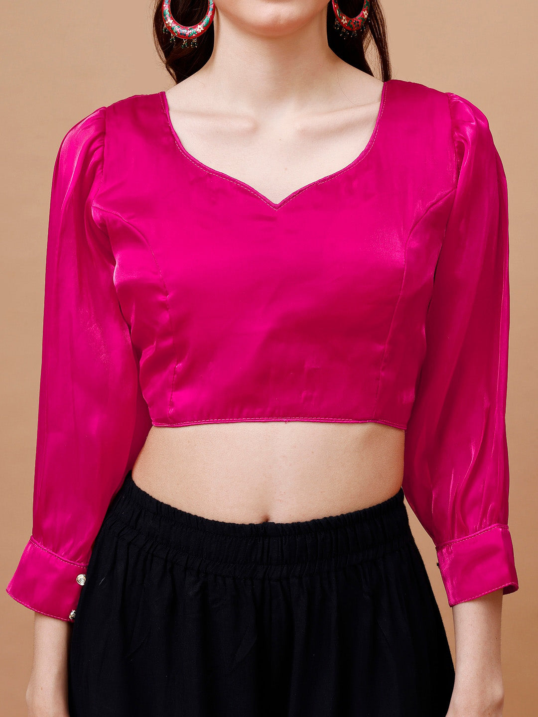 Tikhi Imli Pink Sweetheart Neck Puff Sleeves Saree Blouse | Grocsy