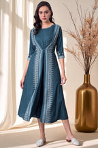 W for Woman Liva Eco Teal Printed Flared Mock Layered Kimono Jumpsuit | Grocsy