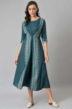 W for Woman Liva Eco Teal Printed Flared Mock Layered Kimono Jumpsuit | Grocsy