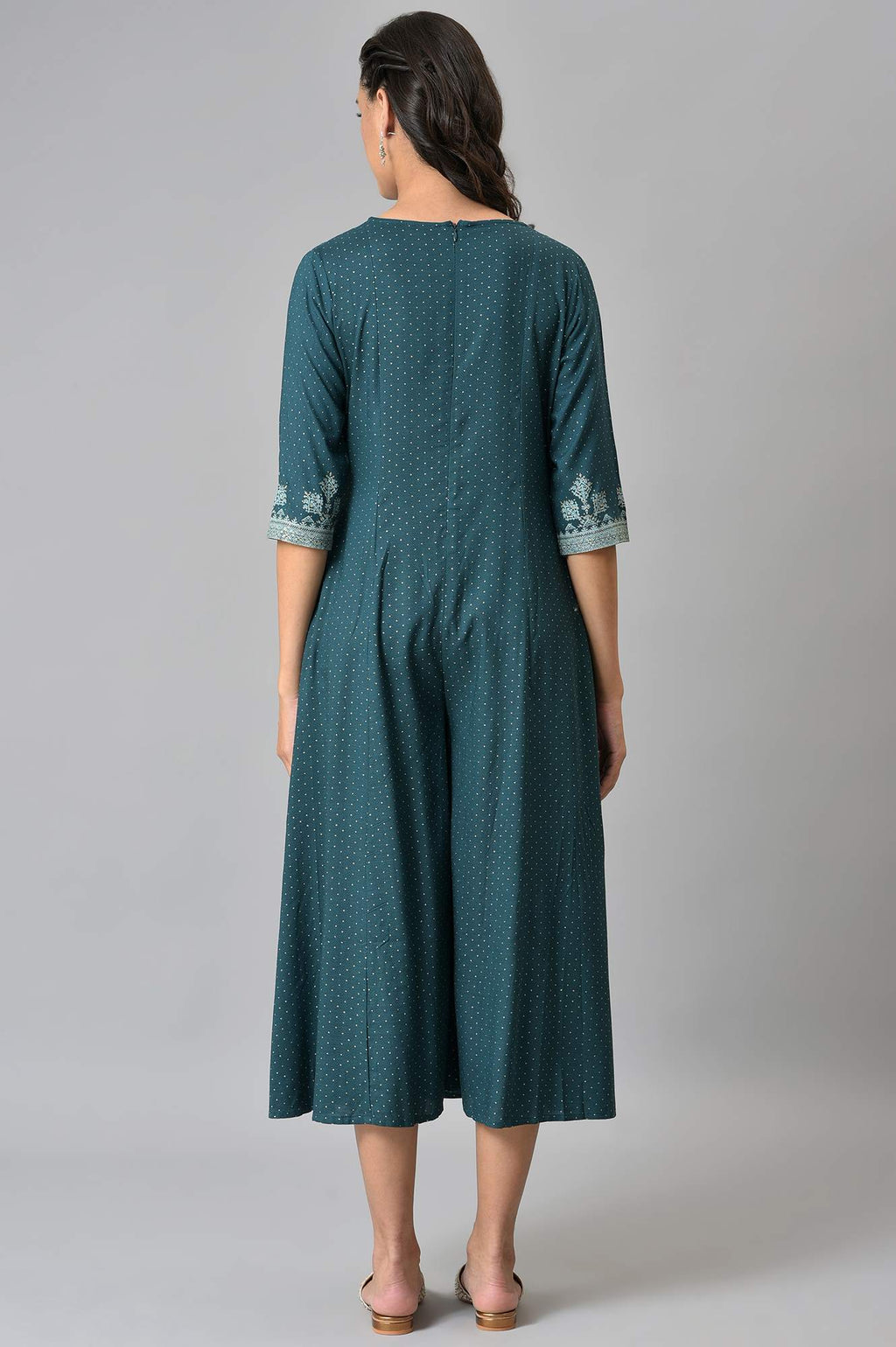 W for Woman Liva Eco Teal Printed Flared Mock Layered Kimono Jumpsuit | Grocsy