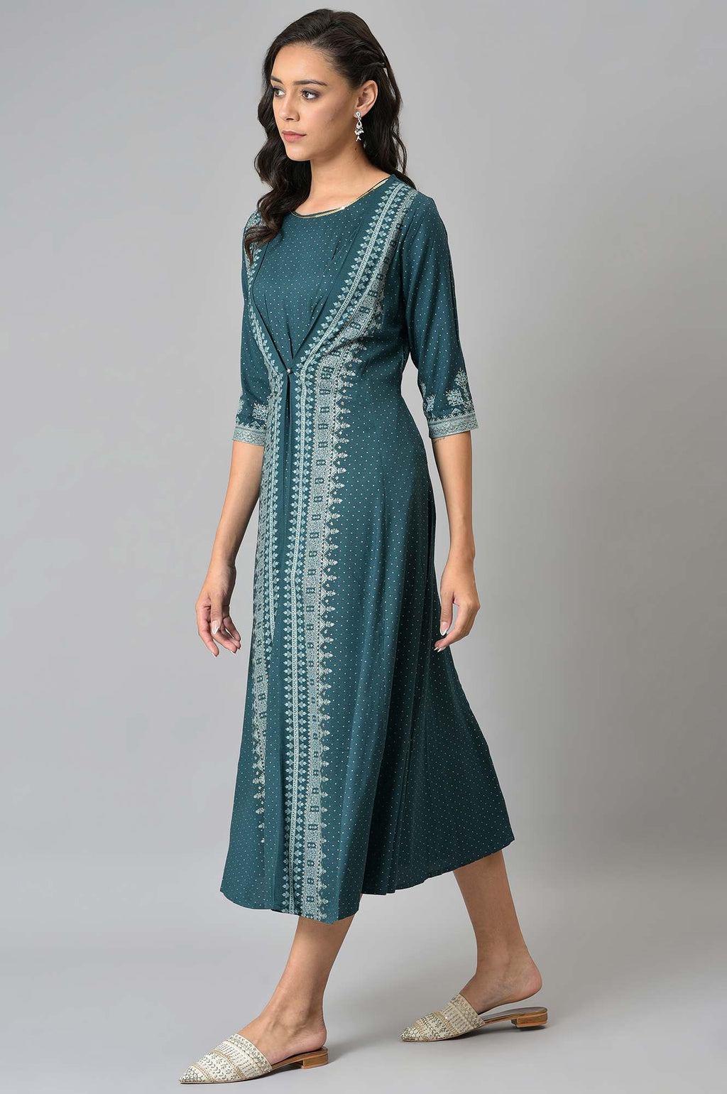 W for Woman Liva Eco Teal Printed Flared Mock Layered Kimono Jumpsuit | Grocsy