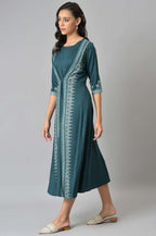 W for Woman Liva Eco Teal Printed Flared Mock Layered Kimono Jumpsuit | Grocsy
