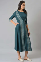 W for Woman Liva Eco Teal Printed Flared Mock Layered Kimono Jumpsuit | Grocsy