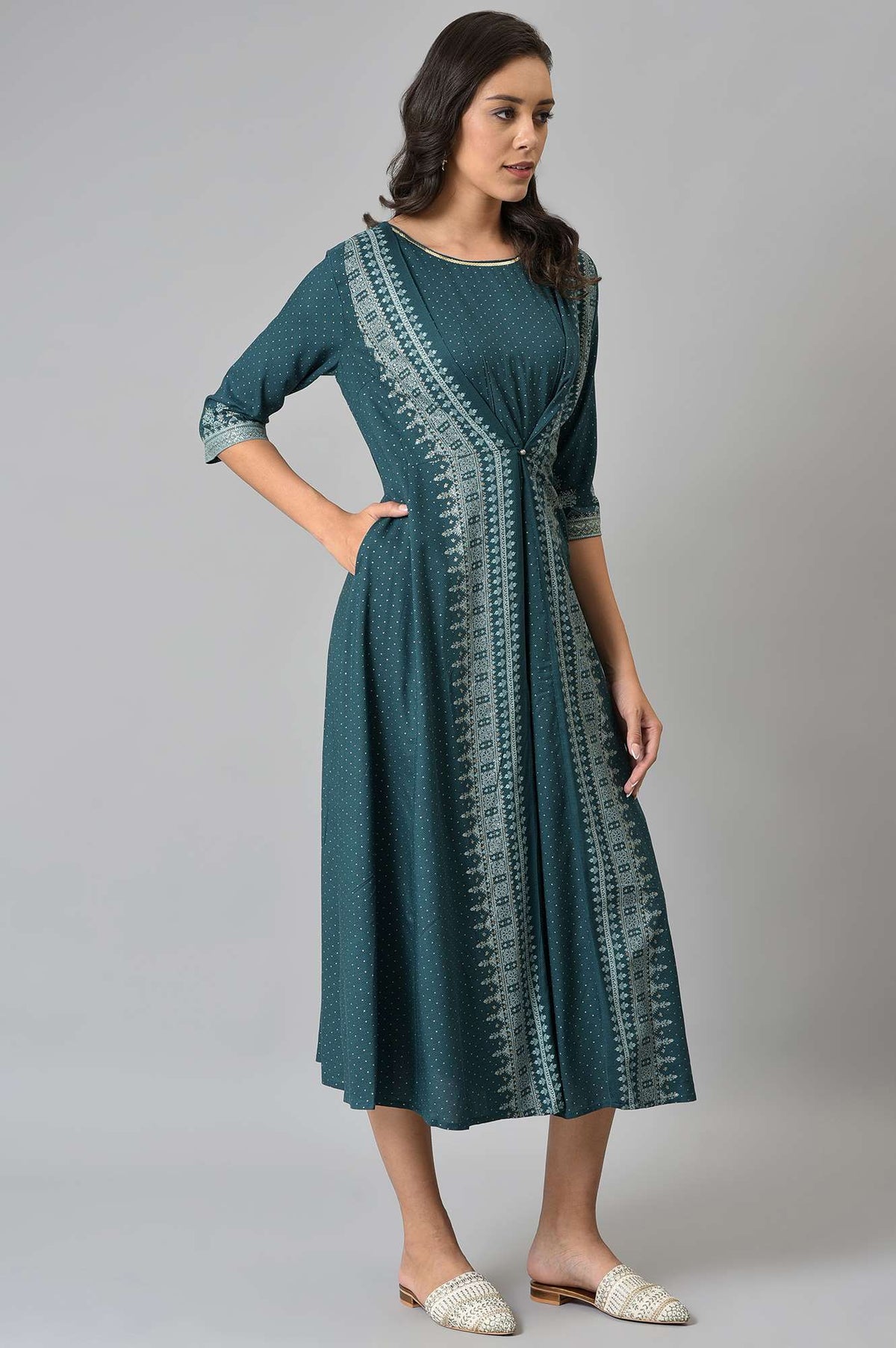 W for Woman Liva Eco Teal Printed Flared Mock Layered Kimono Jumpsuit | Grocsy