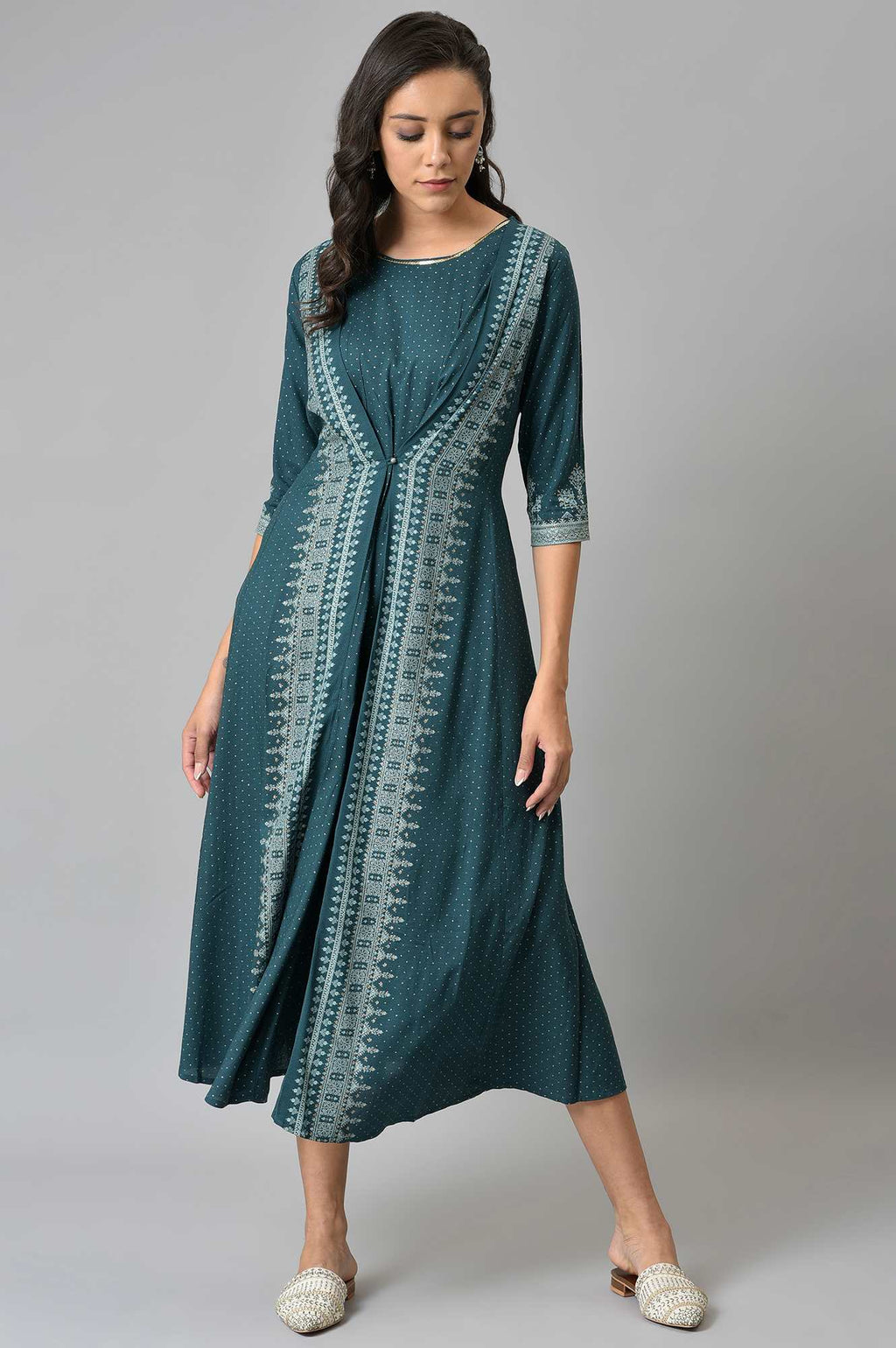W for Woman Liva Eco Teal Printed Flared Mock Layered Kimono Jumpsuit | Grocsy