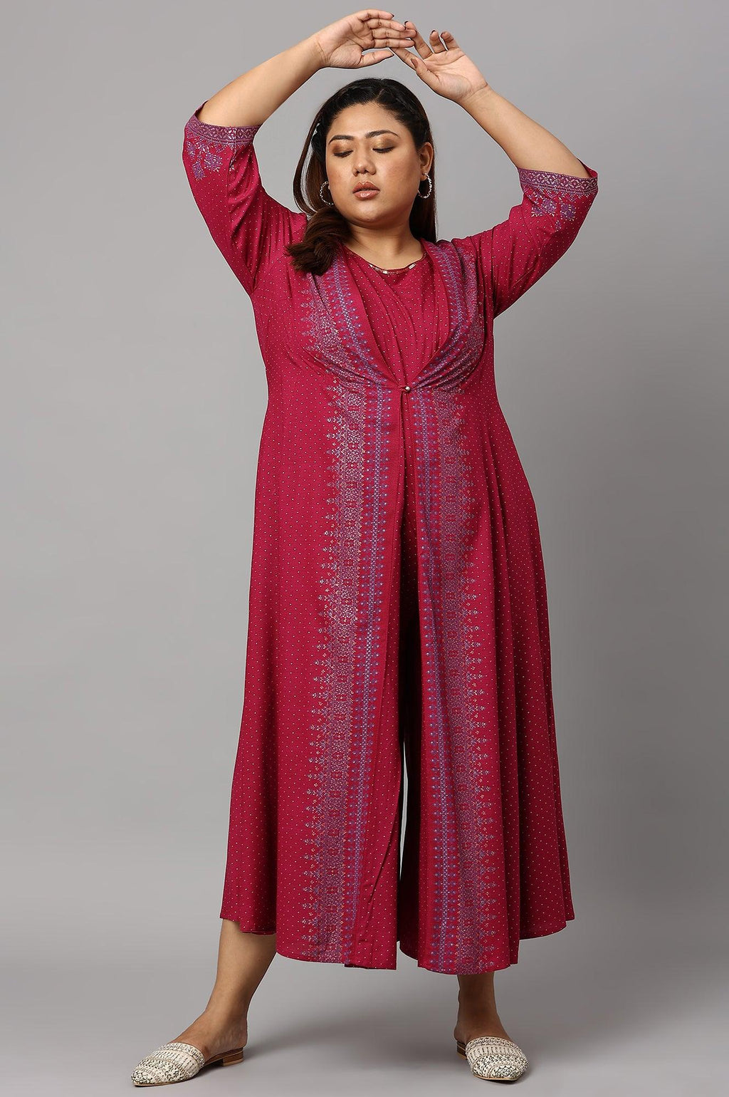 W for Woman Plus Size Dark Pink Mock Layer Embellished Liva Eco Kimono Jumpsuit | Grocsy